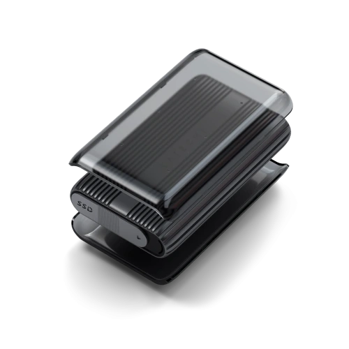 Front view of the Satechi product, showing a minimalist design and space gray color.