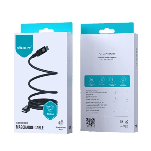 Ambalajul cablului Nillkin Data Cable MagCharge USB-C PD 100W în culoarea neagră, prezentând caracteristicile și specificațiile sale.
