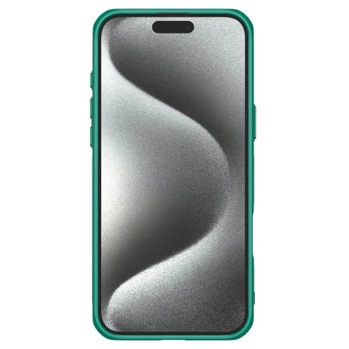 Nillkin case with MagSafe feature mounted on iPhone 16 Pro Max in green shade.