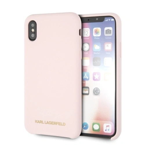 Etui Karl Lagerfeld w jasnoróżowym kolorze, idealnie dopasowane do iPhone X, z eleganckim wykończeniem silikonowym.