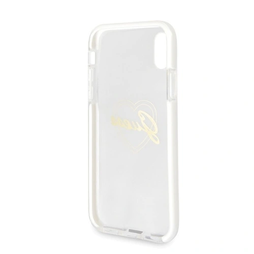 Widok etui Guess na iPhonie X, podkreślający elegancki design.