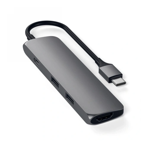 Satechi 4-in-1 Slim Multiport adapter with USB-C and HDMI ports, perfect for working with laptops.