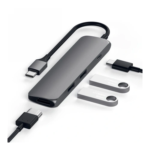 USB-A and HDMI port set in the Satechi adapter, enabling connection of multiple devices.