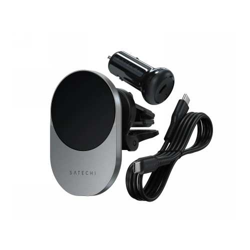Încărcătorul Satechi Qi2 15W în utilizare, ideal pentru mașinile cu grilaj de ventilație.