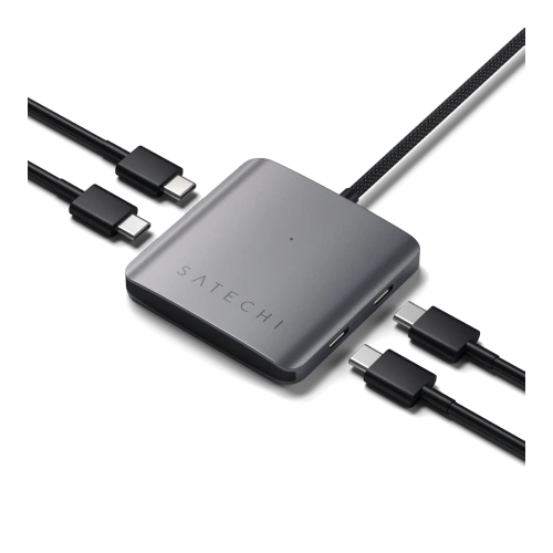 Prim-plan pe HUB Satechi 4-in-1, arătând designul elegant și funcționalitatea.