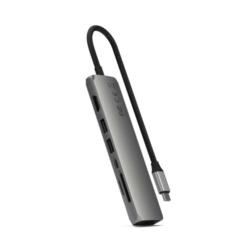 Satechi 7-in-1 USB-C Hub in space grey, showcasing various ports and connections.