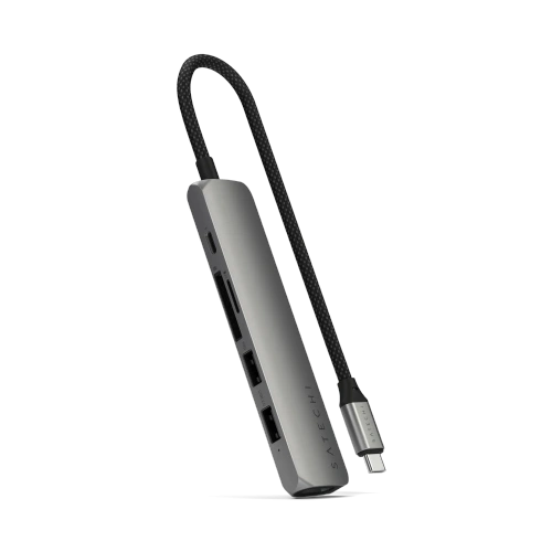HUB Satechi 6-in-1 USB-C Slim Multiport Adapter in space grey with visible USB-C and HDMI ports.