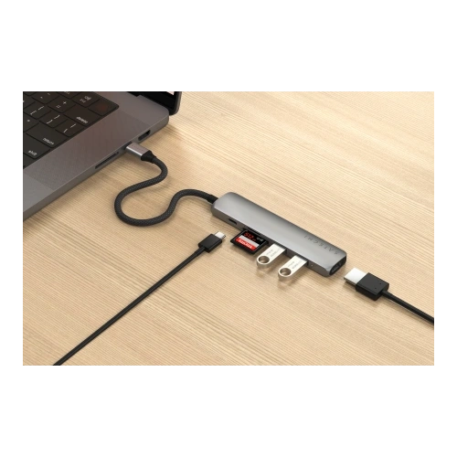 Close-up of the Satechi HUB adapter, showcasing its elegant design and compact dimensions.