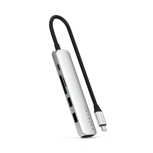 HUB Satechi 6-in-1 USB-C Slim Multiport Adapter in silver color, showing all ports.