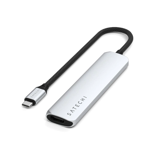 Close-up of the Satechi adapter, showing USB-C and HDMI connections.