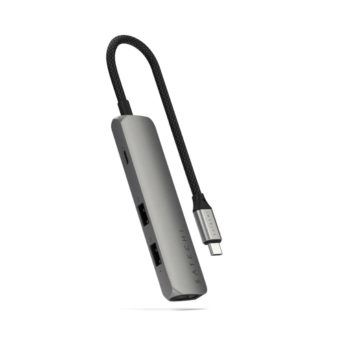 HUB Satechi 4-in-1 USB-C Slim Multiport Adapter in space grey, showing all ports.