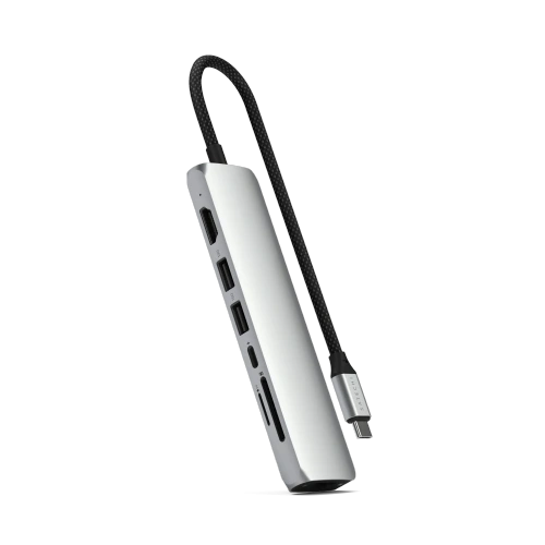 Satechi 7-in-1 hub in silver, showcasing all ports and connections.