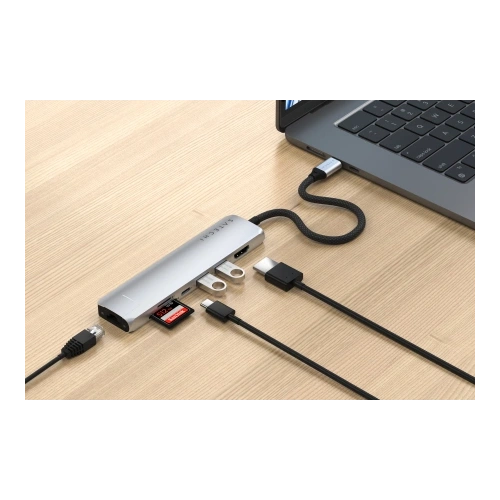 Satechi hub on a desk, showcasing elegant design and functionality.