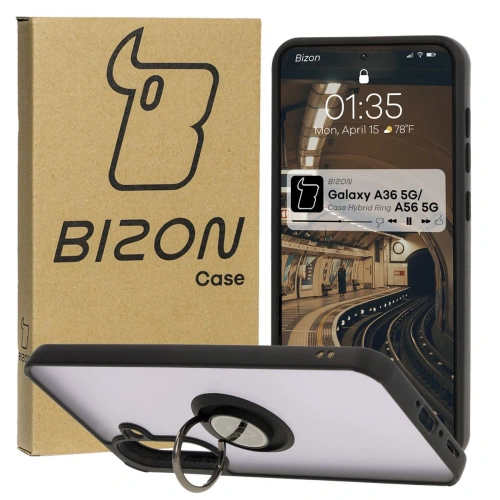 Etui Bizon Case Hybrid Ring w kolorze czarnym z uchwytem na palec, idealne do Samsung Galaxy A36 5G / A56 5G