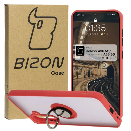 Etui z uchwytem na palec Bizon Case Hybrid Ring w kolorze czerwonym, idealnie dopasowane do Samsung Galaxy A36 5G / A56 5G.