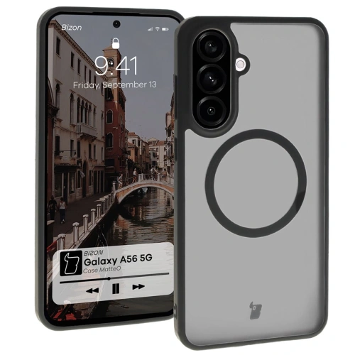 Etui Bizon Case MatteO do Samsung Galaxy A56 5G w kolorze półprzezroczystym z czarną ramką.