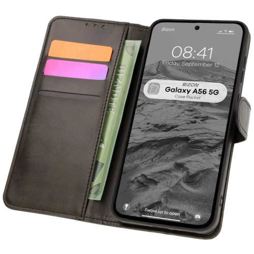 Etui z klapką Bizon Case Pocket w kolorze czarnym, idealne do Samsung Galaxy A56 5G.
