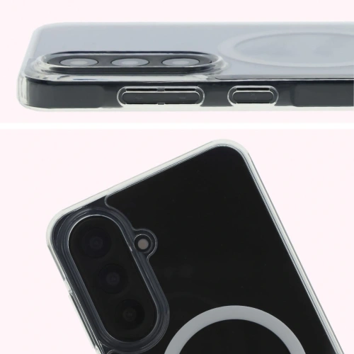 Etui Bizon Case CrystalO zamontowane na Samsung Galaxy A56 5G, z widocznym pierścieniem MagSafe.