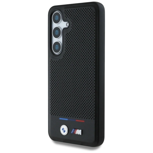 Zbliżenie na teksturę hybrydowego materiału etui BMW Leather Tricolor Stripe.
