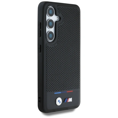 Etui na telefon w kolorze czarnym, z charakterystycznymi paskami w stylu BMW.
