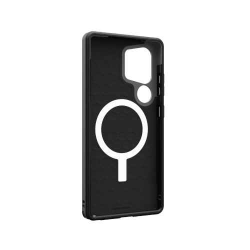 Zbliżenie na hybrydowy materiał etui UAG z wbudowanym modułem magnetycznym.