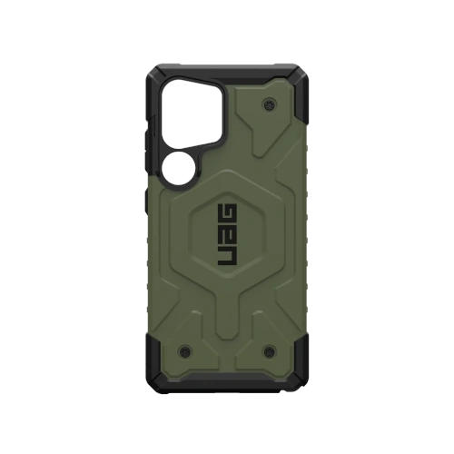 Etui UAG Pathfinder w kolorze oliwkowym, prezentujące hybrydowy materiał i moduł magnetyczny.