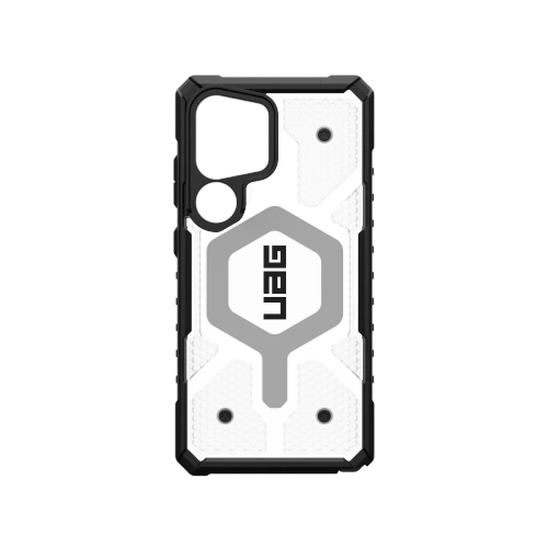 Etui UAG Pathfinder Clear Magnet w kolorze srebrnym dla Samsung Galaxy S25 Ultra 5G, z widocznym modułem magnetycznym.
