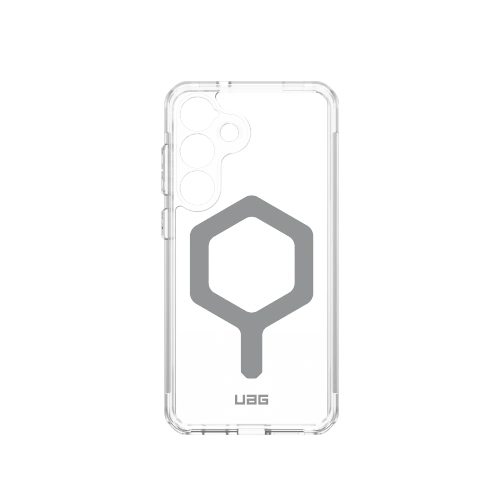 Etui UAG Plyo Pro w kolorze srebrnym i przezroczystym, z widocznym modułem magnetycznym.