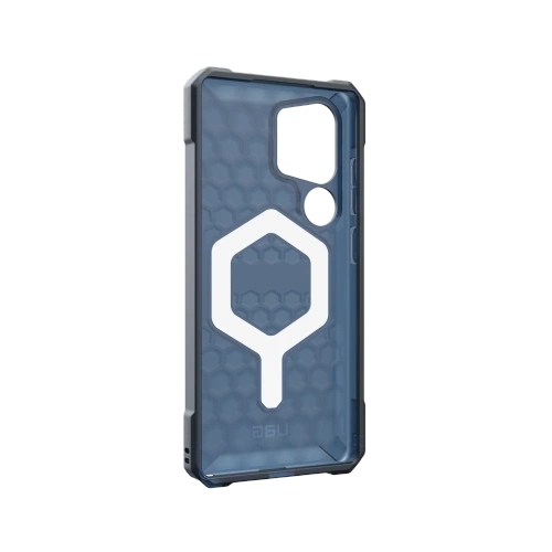 Zbliżenie na materiał hybrydowy etui UAG, ukazujące jego trwałość i elegancki design.