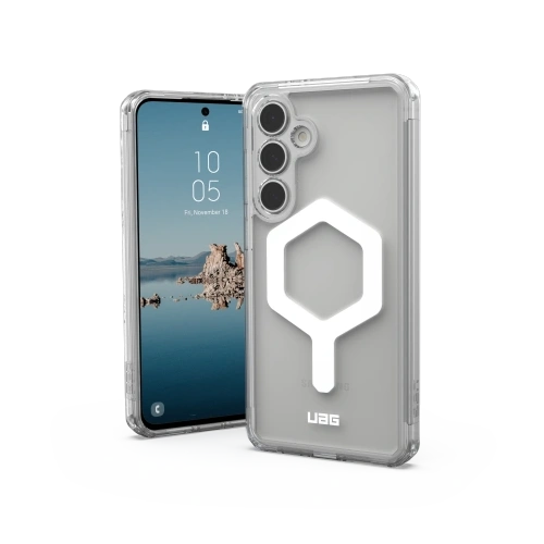 UAG Plyo Pro Hülle in Weiß, die hybrides Material und transparentes Design zeigt.