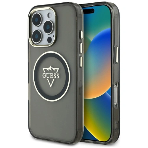 Etui Guess IML Metal Mountain Logo w kolorze czarnym, idealnie dopasowane do iPhone 16 Pro Max