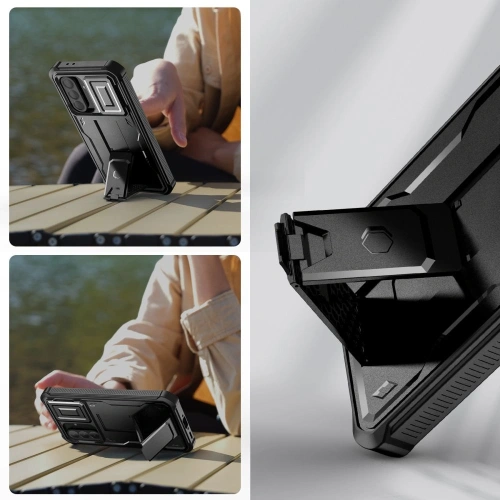 Czarny kolor etui Tech-Protect Kevlar Cam+ w stylizacji na biurku.