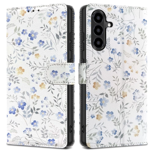 Etui Tech-Protect Wallet Samsung Galaxy A56 5G w kolorze białym z motywem wiosennych kwiat&oacute;w