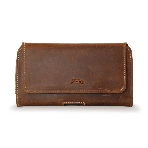 Leather case LURESKO FREYA XL for belt phone case 165x82x10mm (vintage brown white thread)
