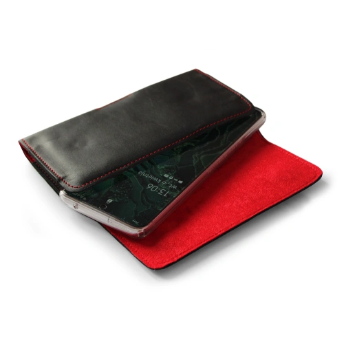 Leather case LURESKO FREYA XL for belt phone case 165x82x10mm (black smooth red thread red interior)