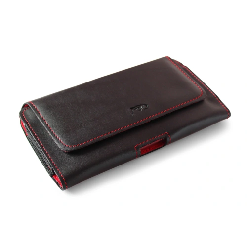 Leather case LURESKO FREYA XL for belt phone case 165x82x10mm (black smooth red thread red interior)
