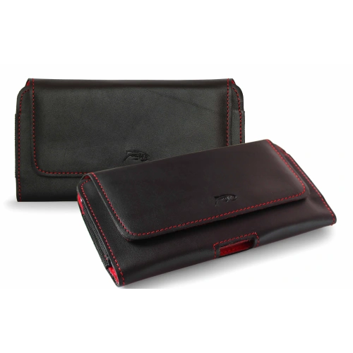Leather case LURESKO FREYA XXL for belt phone case 170x85x10mm (black smooth red thread red interior)