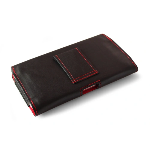 Leather case LURESKO FREYA XXL for belt phone case 170x85x10mm (black smooth red thread red interior)