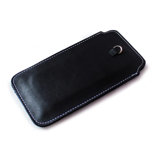 Leather universal case LURESKO ASTER XXXL with a loop for a strap slip case for phone 6.5' - 6.9' (black smooth white thread)