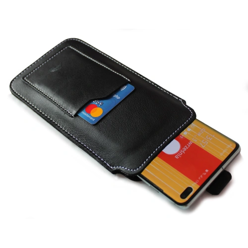 Leather universal case LURESKO ASTER XXXL with a loop for a strap slip case for phone 6.5' - 6.9' (black smooth white thread)