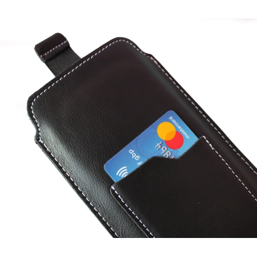 Leather universal case LURESKO ASTER XXXL with a loop for a strap slip case for phone 6.5' - 6.9' (black smooth white thread)