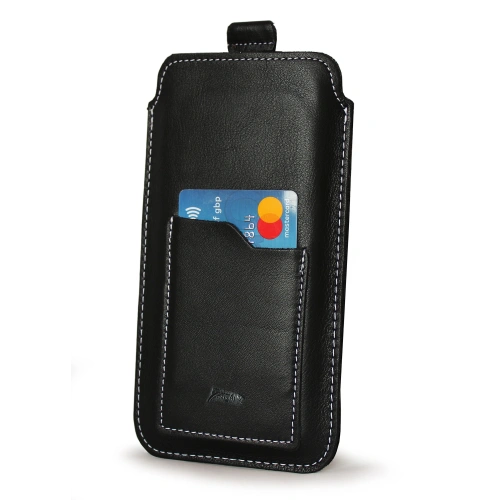 Leather universal case LURESKO ASTER XXXL with a loop for a strap slip case for phone 6.5' - 6.9' (black smooth white thread)
