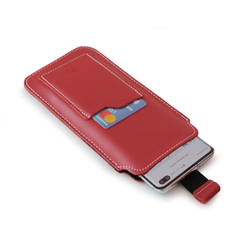 Leather universal case LURESKO ASTER XXXL with a loop for a lanyard slipcase for phone 6.5' - 6.9' (red white thread)