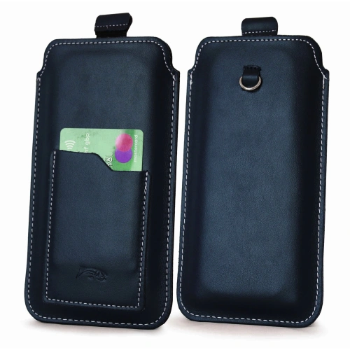Leather universal case LURESKO ASTER XXXL with a loop for a lanyard slip-on for phone 6.5' - 6.9' (navy blue with white thread)