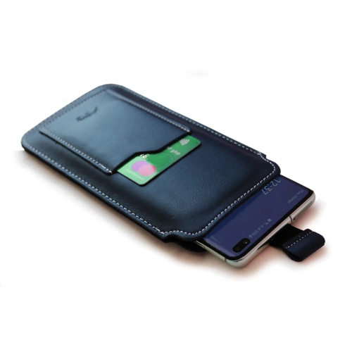Leather universal case LURESKO ASTER XXXL with a loop for a lanyard slip-on for phone 6.5' - 6.9' (navy blue with white thread)