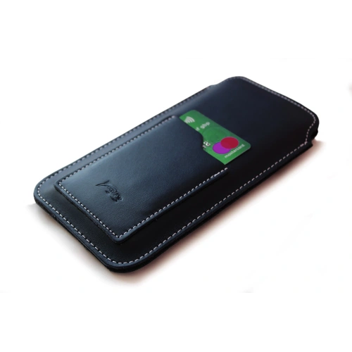 Leather universal case LURESKO ASTER XXXL with a loop for a lanyard slip-on for phone 6.5' - 6.9' (navy blue with white thread)