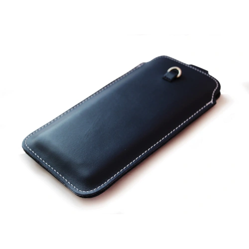 Leather universal case LURESKO ASTER XXXL with a loop for a lanyard slip-on for phone 6.5' - 6.9' (navy blue with white thread)