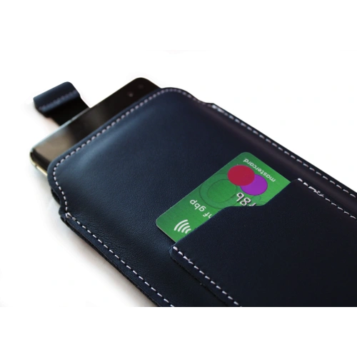 Leather universal case LURESKO ASTER XXXL with a loop for a lanyard slip-on for phone 6.5' - 6.9' (navy blue with white thread)