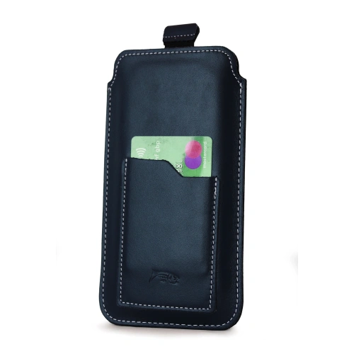 Leather universal case LURESKO ASTER XXXL with a loop for a lanyard slip-on for phone 6.5' - 6.9' (navy blue with white thread)