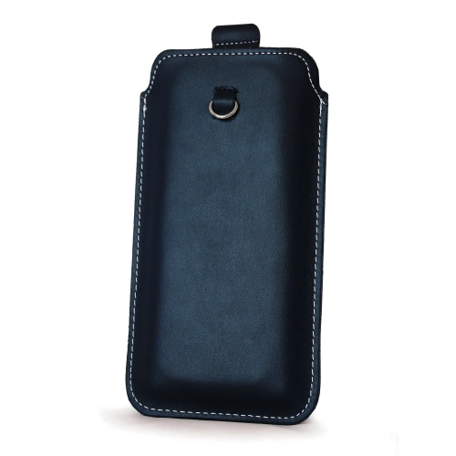 Leather universal case LURESKO ASTER XXXL with a loop for a lanyard slip-on for phone 6.5' - 6.9' (navy blue with white thread)
